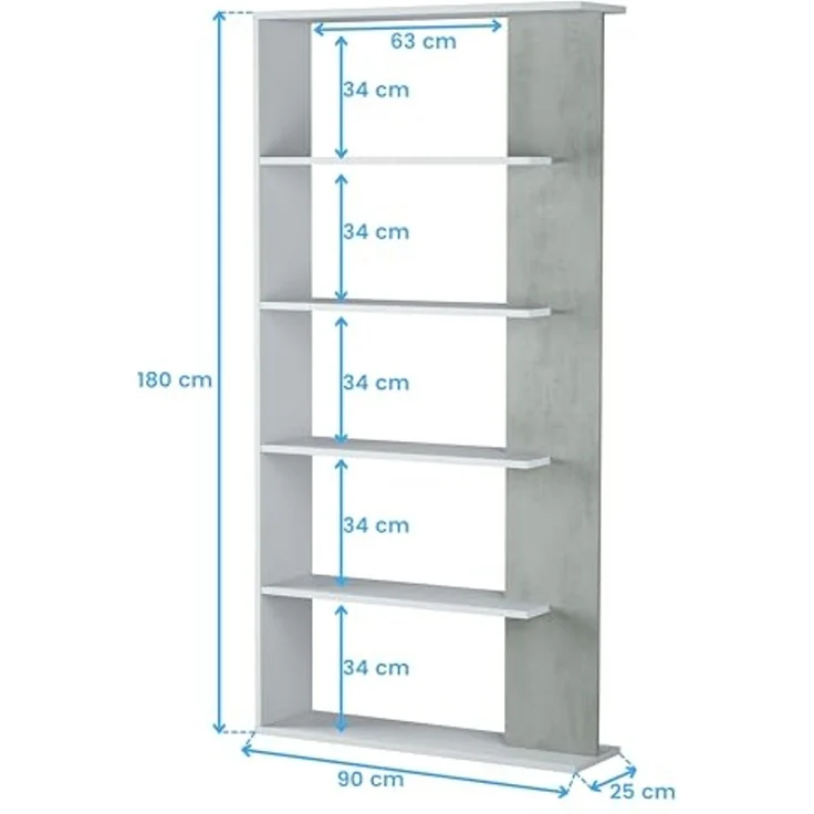 Habitdesign Alida, Regal mit 5 Regalböden, Bücherregal für Esszimmer, Wohnzimmer, Finish in Arktisweiß und Zementgrau, Maße: 180 cm (H) x 90 cm (B) x 25 cm (T) – Bild 3