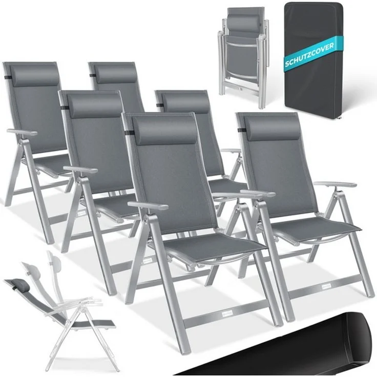 KESSER® Gartenstuhl Hochlehner mit Armlehnen | Aluminium Klappstuhl inkl. Kopfkissen Campingstuhl 7-Fach Verstellbar Rückenlehne | Atmungsaktiv & Wetterfest | Klappbar & Anti-Rutsch Hellgrau, 6 Stück – Bild 1