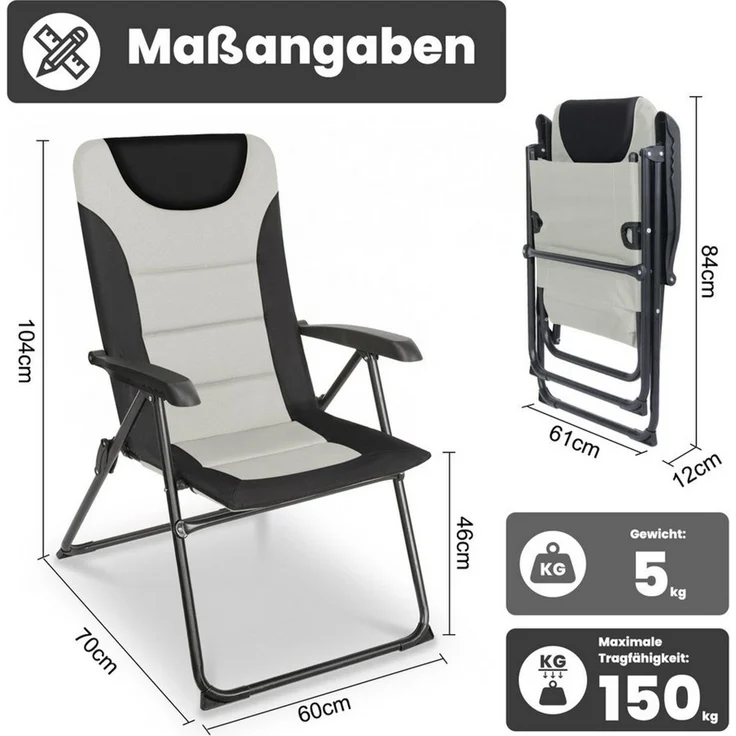 HOMECALL Campingstuhl Gartenstuhl Gepolsterter Klappstuhl für Wohnwagen Outdoors-150kg (2 St), Hochlehner Anglerstuhl mit 5-fach verstellbarer Rückenlehne – Bild 2