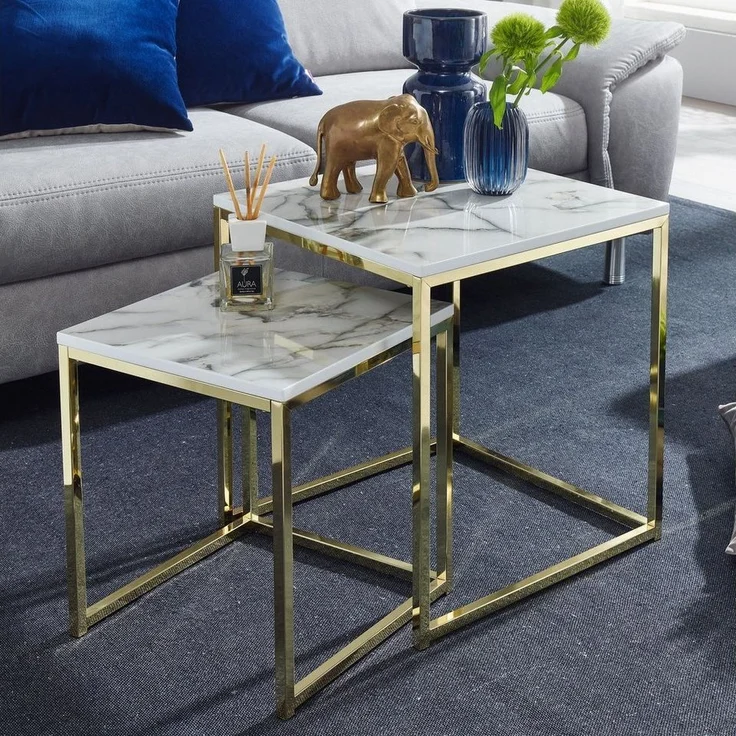 FINEBUY Satztisch FB24018 (2er Set Weiß Marmor Optik Eckig, Beistelltisch), Couchtisch 2-teilig, Anstelltisch Modern Klein – Bild 2