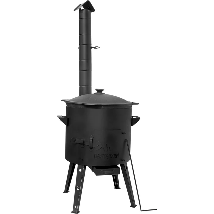 Uchag Ø44 2mm Stahl mit Schornstein Kazan 16L Kasan Utschak Feuerstelle Utschag Campingofen Abzugsrohr Feldküche Außenküche Eintopfofen Gulaschkanone – Bild 2