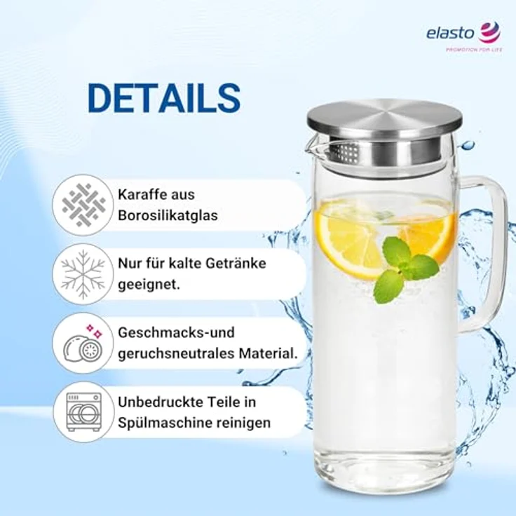 elasto Wasserkaraffe Glaskaraffe mit Deckel und Sieb 1 Liter aus Borosilikatglas – Bild 2