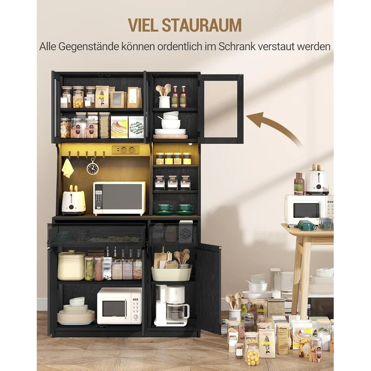 Küchenschrank, Buffetschrank, Hochschrank mit Steckdosen und LED-Lichtleisten, mit Arbeitsplatten und Zwei Schubladen, Verstellbare Einlegeböden, Küche, 40 x 100 x 180 cm, Schwarz – Bild 8