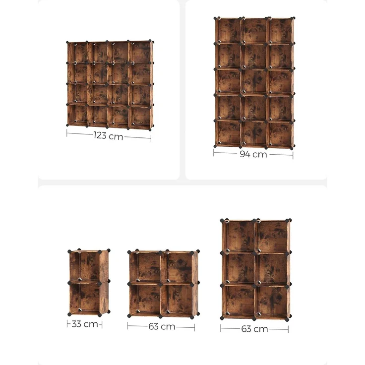 Songmics Schuhregal, Regalsystem, Steckregal, Set aus 16 Würfeln, DIY Regal, stapelbar, aus PP-Kunststoff, als Garderobe, für Schlafzimmer, Büro, 31 x 123 x 123 cm, vintagebraun LPC442A01 – Bild 3
