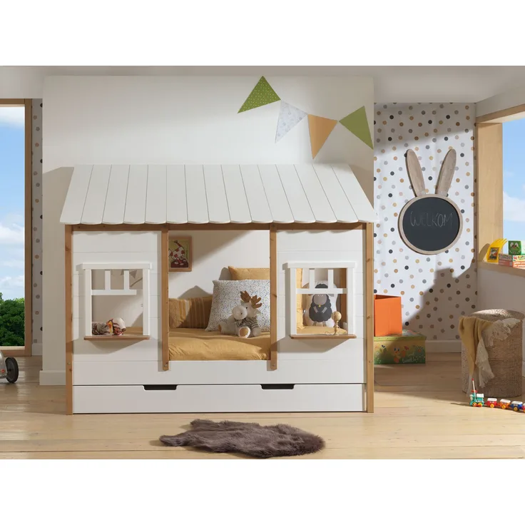 Vipack Landhausbett mit Dach 90x200 cm, Oak/Weiß, inkl. Lattenrost und Bettschublade, teilmassiv Kiefer