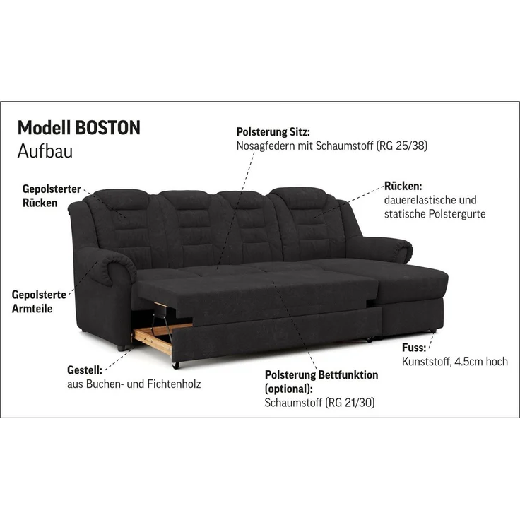 Home affaire Ecksofa Boston L-Form, mit hoher Rückenlehne, wahlweise mit Bettfunktion – Bild 2