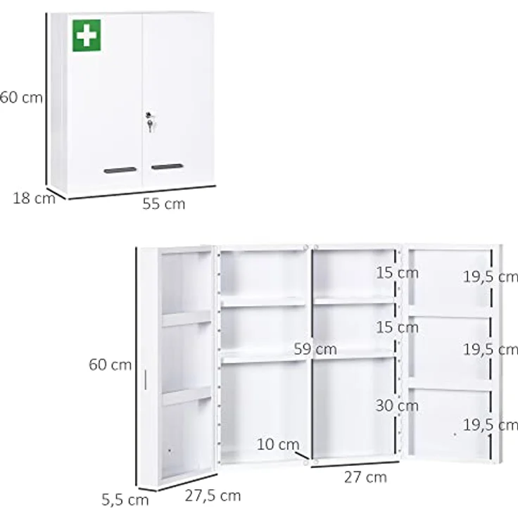Kleankin Medizinschrank 2-türiger Medikamentenschrank mit 6 Einlegeböden (Arzneischrank, 1-St, Apothekerschrank) Stahl, Weiß, 55 x 18 x 60 cm – Bild 4