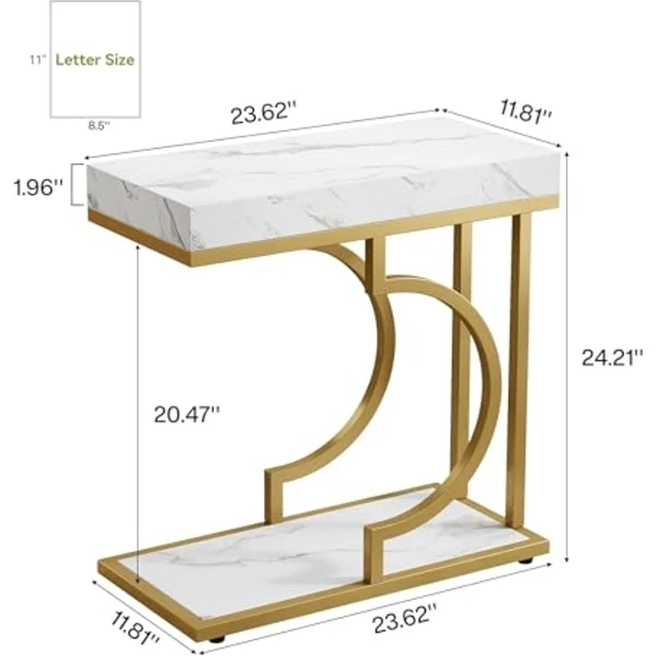 LITTLE TREE Schmaler Beistelltisch, C-förmig, moderner Nachttisch, Kleiner rechteckiger Beistelltisch für Sofa und Couch mit Metallgestell für das Wohnzimmer, Kunstmarmor Weißgold – Bild 2