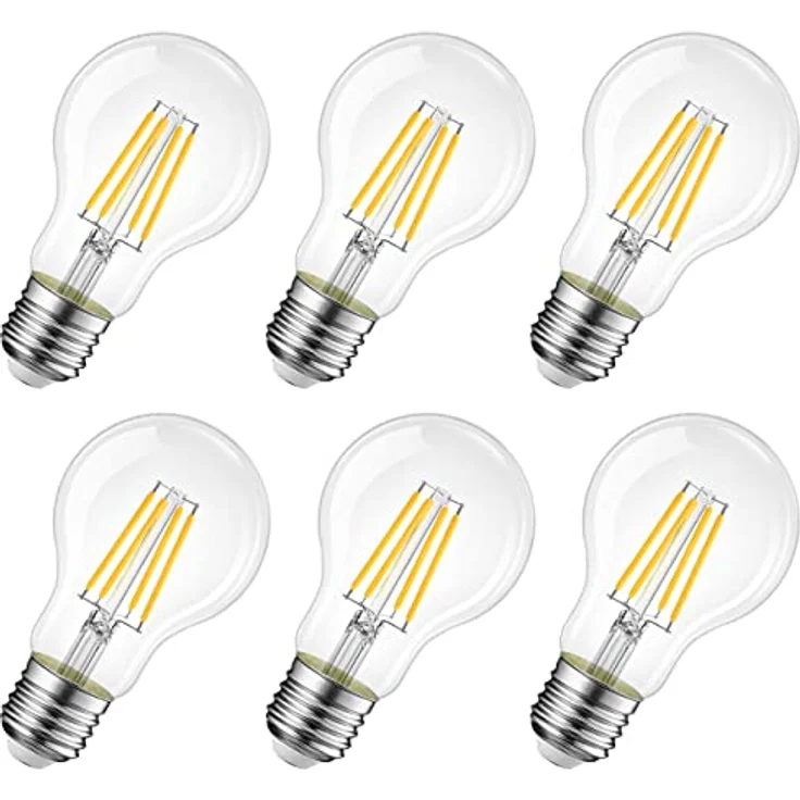 LVWIT E27 Warmweiß 6.5W Filament LED Glühbirne A60, 2700K, 806 lm, Rustikalampe, 6er Pack – Bild 1