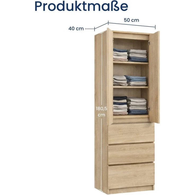 Home Collective Kleiderschrank Garderobenschrank Mehrzweckschrank Schrank platzsparend & vielseitig (50 x 40 x 180,5 cm (BxTxH), ideal für Schlafzimmer Flur & Arbeitszimmer) mit 2 Türig 3 Einlegeböden & 3 Schubladen in sonoma – Bild 1