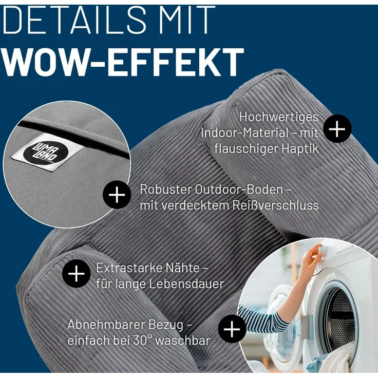 Lumaland Modular Sessel - Cord-Reihe | Indoor Sitzsack mit Softer Struktur, ideal Modulen | Bean Bag für Wohnzimmer & Co. - 96 x 72 x 70 cm – Bild 6