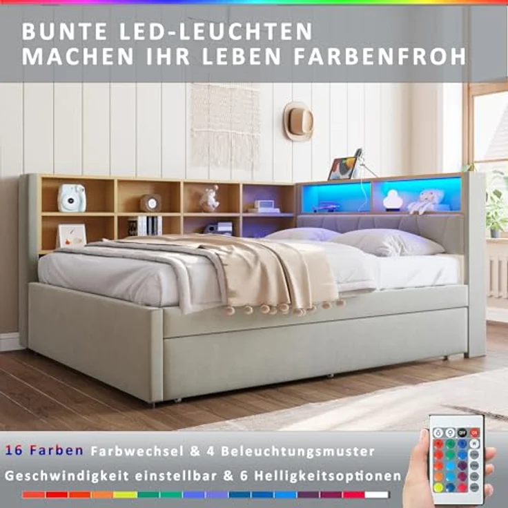 Ball & Cast Schlafsofa (140x200cm & 90 * 190cm) Tagesbett mit USB-Anschlüssen und Leuchten, Einzelbett mit Mehreren Ablagefächern, Ohne Matratze, Hellgrau – Bild 9