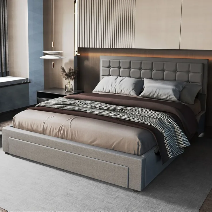 oyajia Polsterbett Doppelbett Polsterbett 140x200cm, Luftdruck anhebbarer Stauraumbett (Leinenmaterial Polsterbett mit Lattenrost und Luftdruckhebel), Modernes Jugendbett, Leises Design, Einfach zu montieren und stabil