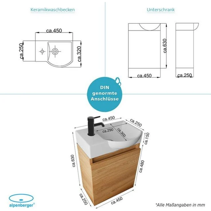 Alpenberger Badmöbel-Set Gäste WC Waschbecken mit Unterschrank - Hängeschrank Vormontiert, (Washbasin - Waschtisch Set, Schmales Waschbecken mit Unterschrank), Waschbecken mit Unterschrank Holzoptik - Gäste WC Set – Bild 4