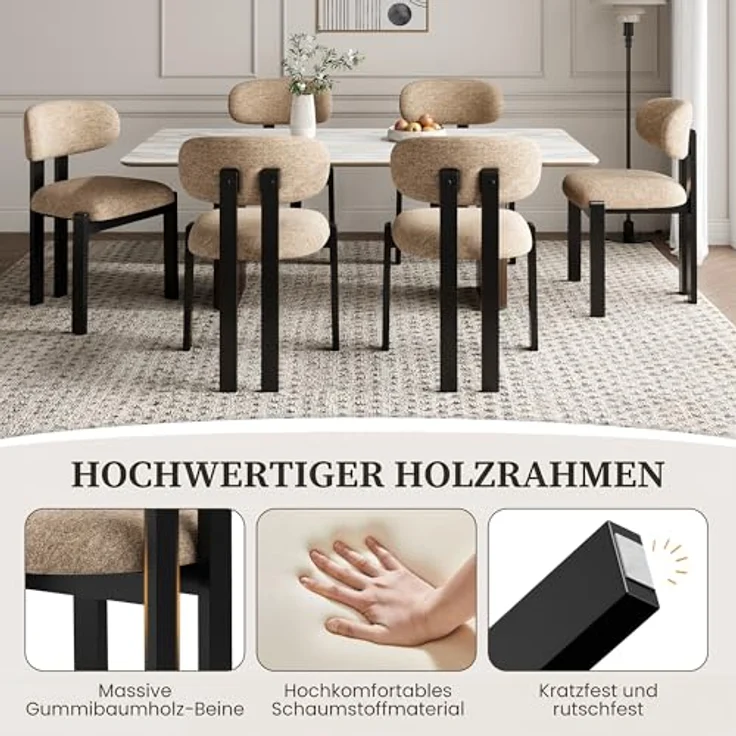 MALOL Esszimmerstühle 4er Set, Moderne Polsterstuhl Essstühle mit Fester Rückenlehne, Stoff Esszimmerstühl mit Holzbein für Esszimmer, Küche, Restaurant, Mit schwarzen Beinen, Kamel – Bild 6