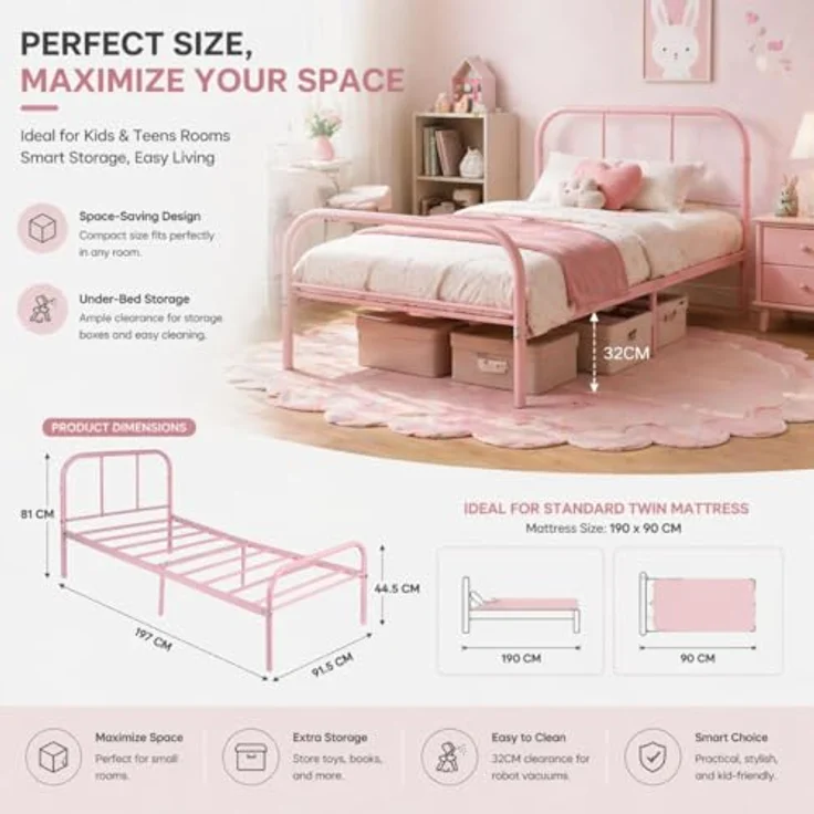 FurnitureR Metallbett 90x200 cm Einzelbett mit Lattenrost, Stabiler Stahlrahmen Bettgestell für Schlafzimmer Jugendzimmer Gästezimmer – Bild 3