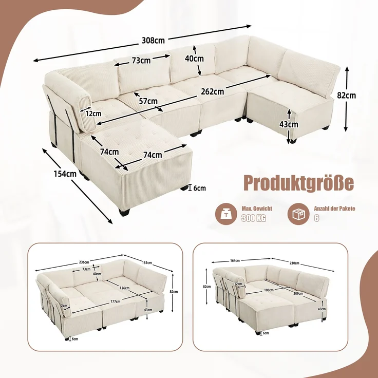 Modulares 6-Sitzer Sofa, ca. 308x154x82 cm, Beige Cord, mit Seitentaschen – Bild 10