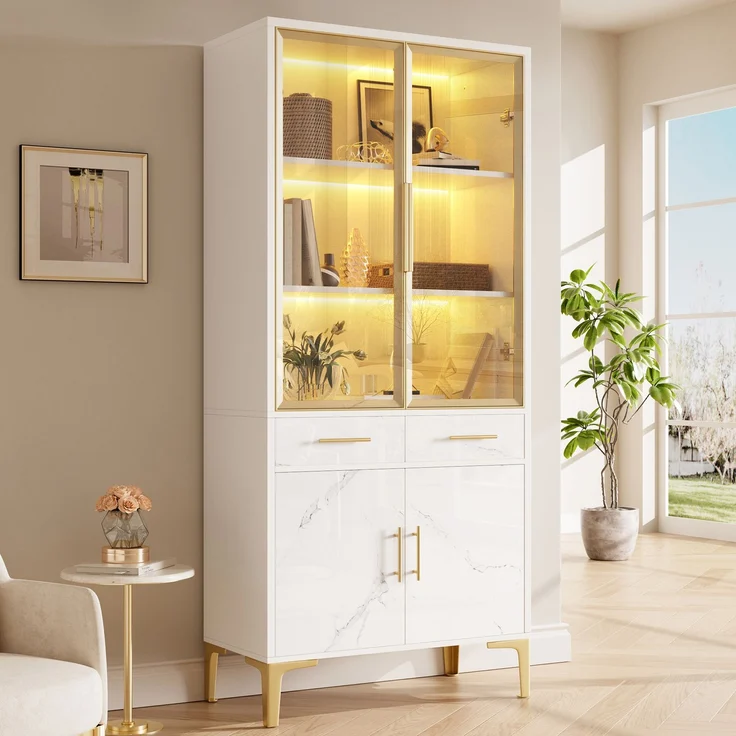 ZUBALIYA Vitrine, mit Schubladen, mit Stauraum, mit LED-Beleuchtung, mit App-Steuerung, H 170 × T 38 × B 75 cm, Weiß, MDF / Spanplatte – Bild 2