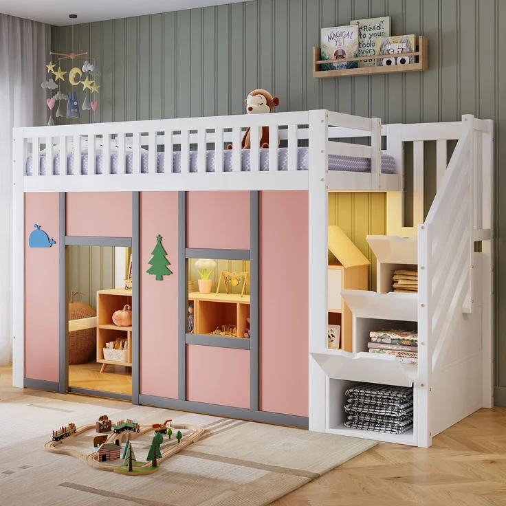Merax Hochbett 90x200 cm, Kinderbett, Halbhochbett mit Stauraumtreppe, LED-Beleuchtung, Spielbereich, Rausfallschutz und Deko-Motiven, Weiß + Rosa, 252.5 x 95 x 142 cm – Bild 3