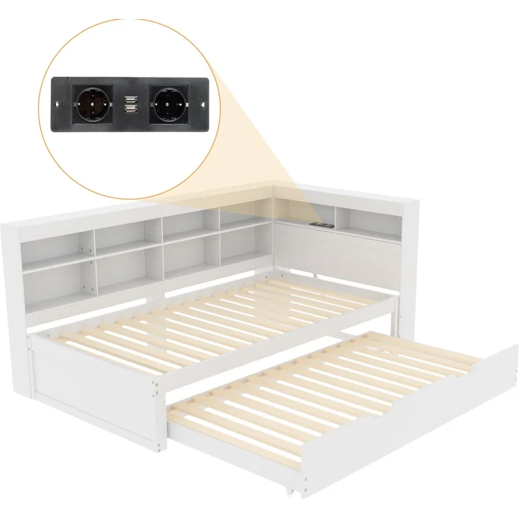Schlafsofa 90*200, Ausziehbares Bett 90*190 mit USB-Steckdose und mehreren Ablagefächern, Massivholzbett, Einzelbett, Holz-Multifunktionsbett, Weiß. – Bild 6
