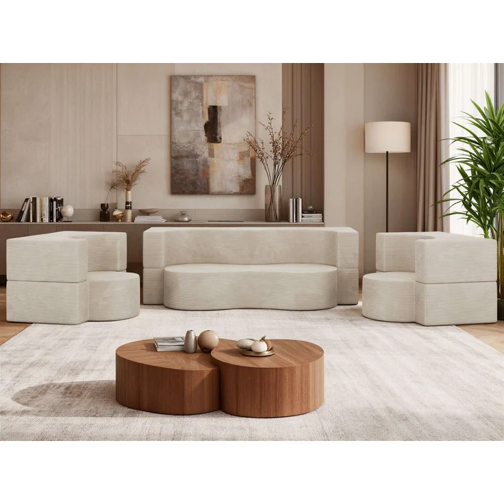 Polstermöbel-Set SANOA, Sofa mit 2 Sesseln, Schlaffunktion, Ausklappbares Sofa, 3-teiliges, Schaumstoffkern - Beige Schmaler Cord – Bild 5