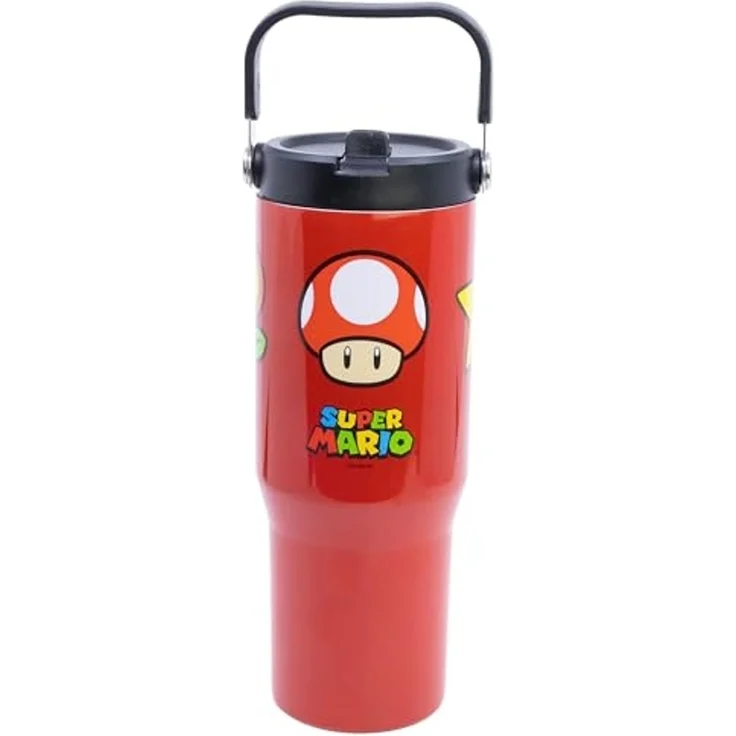 Super Mario Edelstahl Thermobecher 860 ml mit Griff und Klappdeckel – Bild 1