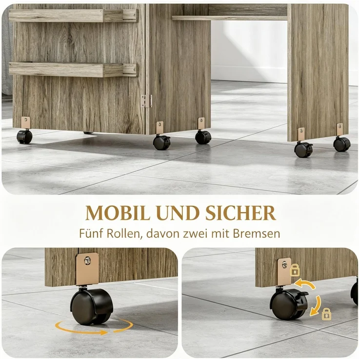 Klappbarer Nähschrank, Näh­tisch mit Klappplatte, Aufbewahrungsboxen, offenem Regal und Rollen--Herde--117x40x77.5cm--YOUDENOVA – Bild 2