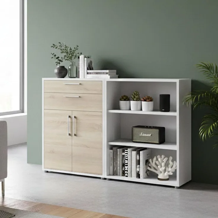 Dmora - Kommode Josepha, Wohnzimmerbuffet, Wohnzimmer-Sideboard, Moderne Küchen-Speisekammer, 178x40 h113 cm, Weiß und Eiche