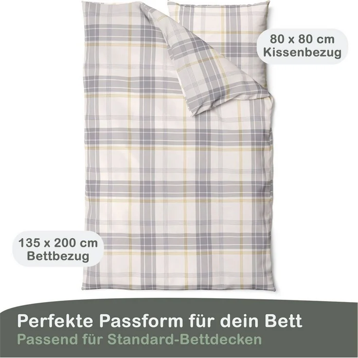 LINKHOFF Bettwäsche Biber Bettwäsche 135x200 cm Kariert Creme Grau 100% Baumwolle, Reißverschluss, Flauschig und Kuschelige Biberbettwäsche – Bild 2