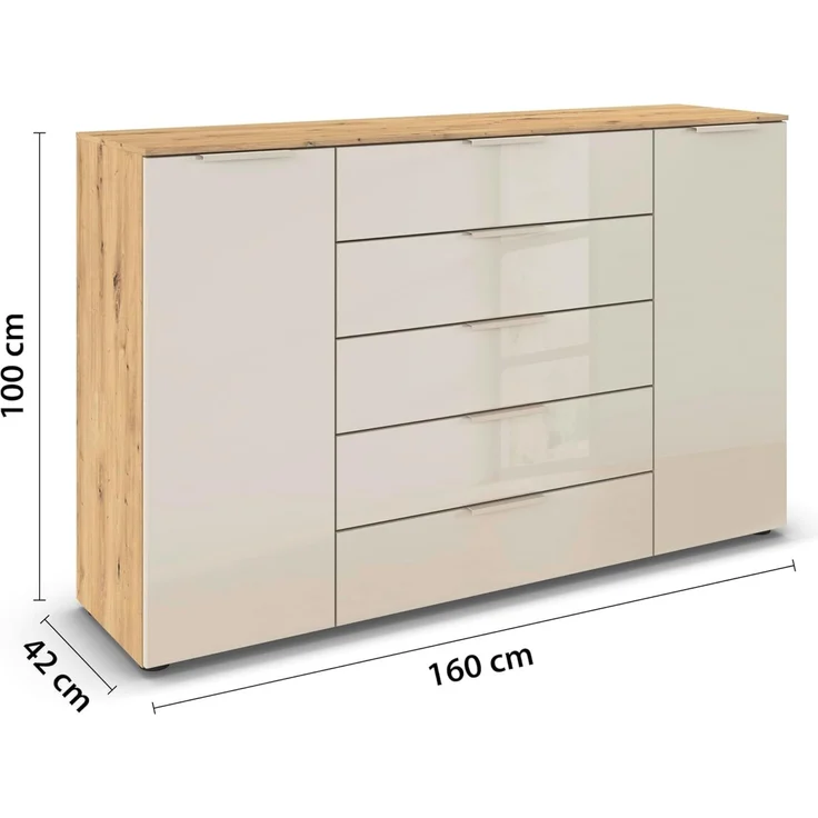 Rauch Möbel Flipp, Kommode für Schlafzimmer, Kinderzimmer, Wohnzimmer, Jugendzimmer, Flur, Garderobe, 2-türig, 5 Schubladen, mit Softclose-Funktion, Farbe Eiche Artisan, Holz/Glas Beige, Breite 160 cm – Bild 3