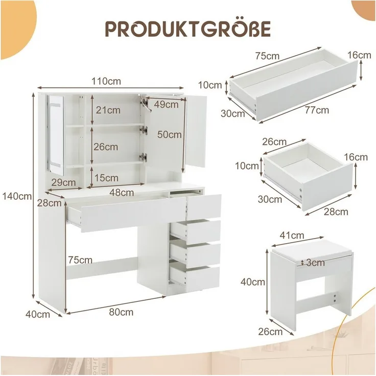 Thanaddo Schminktisch Schminktisch mit LED-Beleuchtung,Praktischer Kosmetiktisch, Breite 105 cm