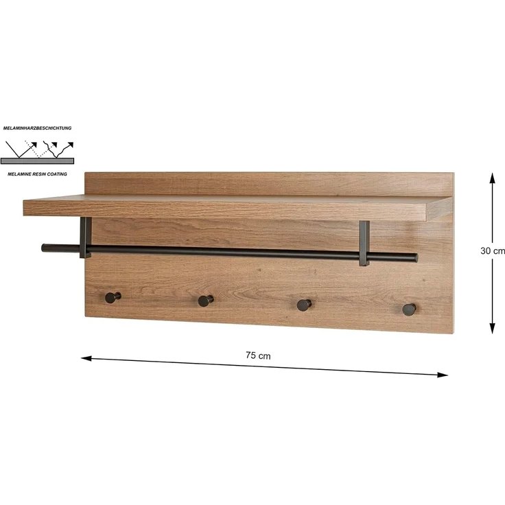 HAKU Möbel Wandgarderobe, eiche, schwarz, 75x26 x H 30 – Bild 3