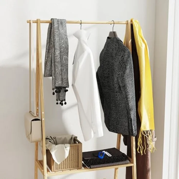 HOMCOM Garderobenständer mit 2 Regalen und 4 Rollen, (Kleidungsständer, 1 St, Kleiderständer mit Schuhregal), für Flur, Wohnzimmer, Schlafzimmer, Naturholz – Bild 6