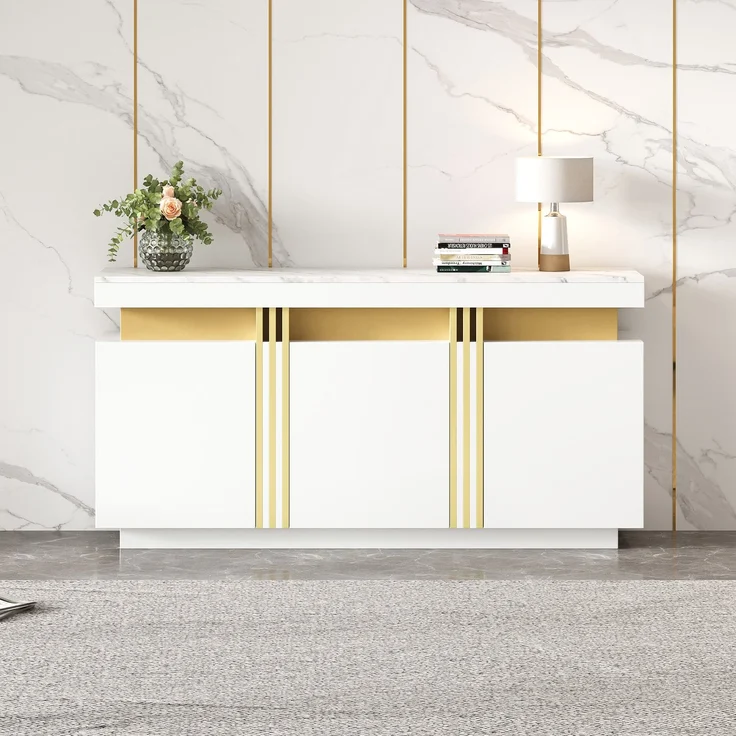 DESVIAE Sideboard mit 3 Türen und verstellbaren Einlegeböden 140x70x38 cm Spanplatte Weiß – Bild 2