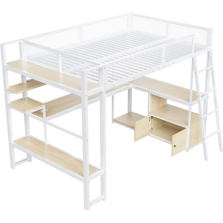 Hochbett mit Eckschreibtisch, LED-Streifen, PC-Ständer, Steckdose, USB, Rausfallschutz, Regal, Schrank, 140x200cm, Kinderbett, Jugendbett, Metallbett – Bild 9