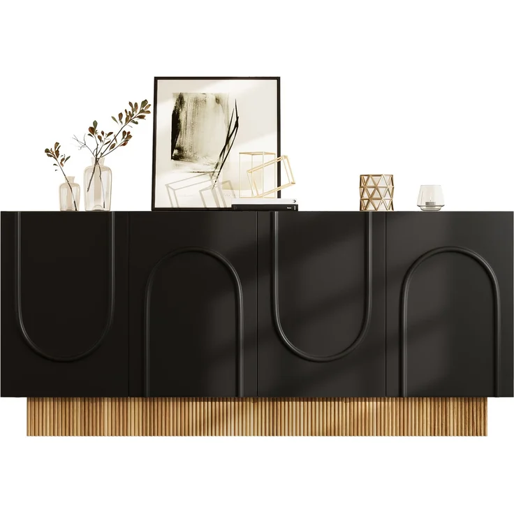 ZUBALIYA Sideboard 160x38x75 cm, mit 4 Türen, aus Spanplatte, Schwarz / Holzfarben – Bild 1