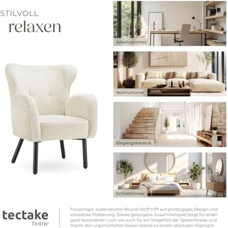 tectake Relaxsessel Polstersessel mit Bouclé-Bezug, Belastbarkeit 120 kg, 72 x 71 x 92 (Fernsehsessel Vänersborg, in Creme), breite Armlehnen, ergonomisch, Stahlbeine, höhenverstellbar – Bild 7