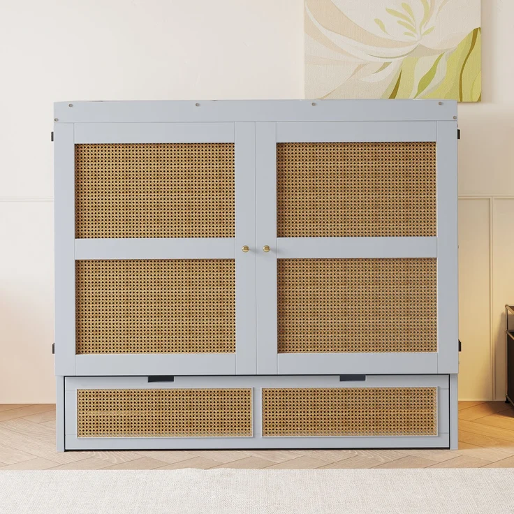 Schrankbett 140 x 200 cm, Wandbett mit Lattenrost, Wandklappbett, Vertikales schrankbett mit Lattenrost, mit Stauraumschubladen, Rattan-Design, Holzbetten, Jugendbetten, Einzelbetten, Grau – Bild 3