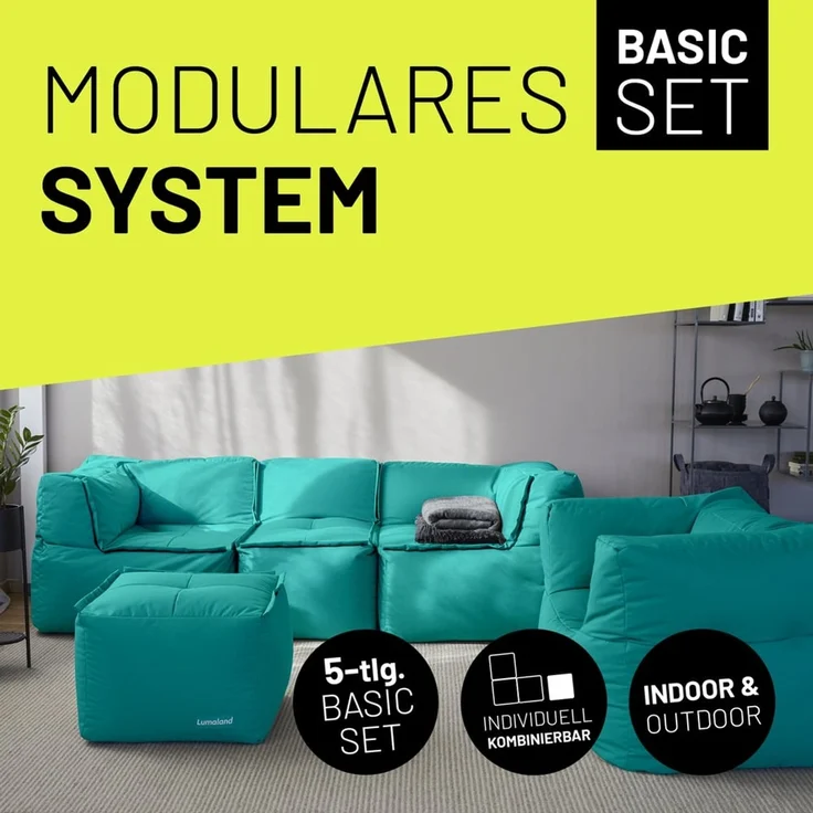 Lumaland Sitzsack-Lounge Modular Garnitur | 5-Teiliges Set | Indoor & Outdoor Sitz-Garnitur | Erweiterbar & Waschbare Sitzmöbel für Innenräume & Garten | Wasserfeste Chill-Out Lounge [Türkis] – Bild 2