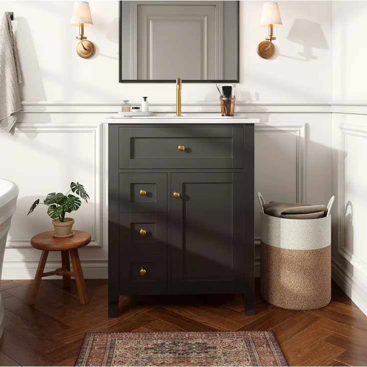 Waschtischunterschrank 61 x 47 x 86 cm mit Keramikwaschbecken und Schubladen – Hochglanzschwarz – Bild 1