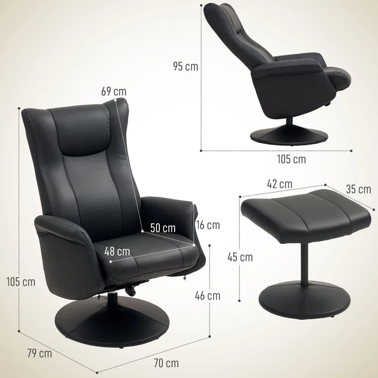 MELAYR, Chefsessel mit Hocker, Lederoptik, drehbar, verstellbare Lehne, bis 150 kg, Schwarz, 79 x 70 x 105 cm – Bild 5