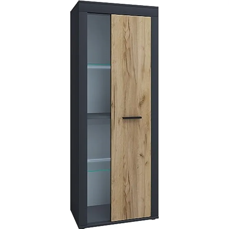 MID.YOU Vitrine Usilo, Anthrazit/Honigeiche, Glas, 3 Fächer, 60x159x35 cm, stehend