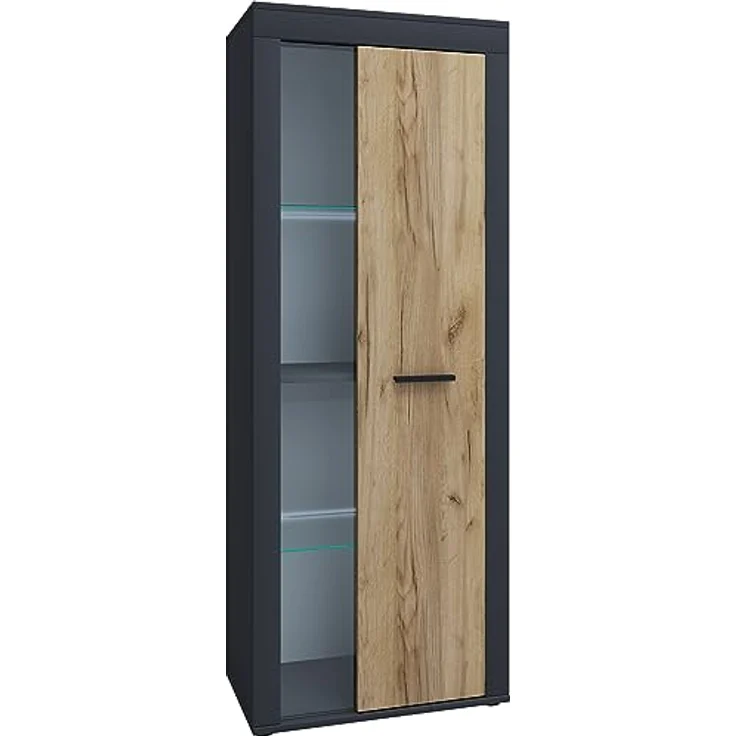 MID.YOU Vitrine Usilo, Anthrazit/Honigeiche, Glas, 3 Fächer, 60x159x35 cm, stehend – Bild 1