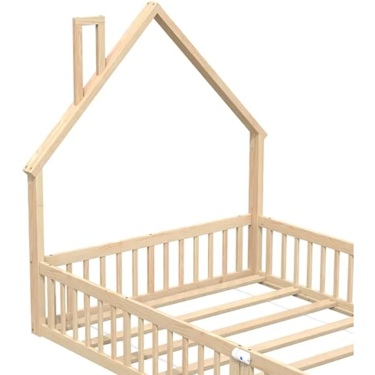 Ball & Cast Bodenbett (140x200 cm), Jugendbett und Hausbett mit Schornsteinform, Kinderbett 90x200 mit rausfallschutz, ohne Matratze, Natürlich – Bild 9