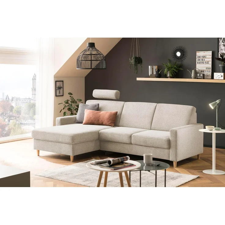 Traumnacht Limoux Sofa 2-Sitzer mit Recamiere, rechts und verstellbarer Kopfstütze, beige, produziert nach deutschem Qualitätsstandard