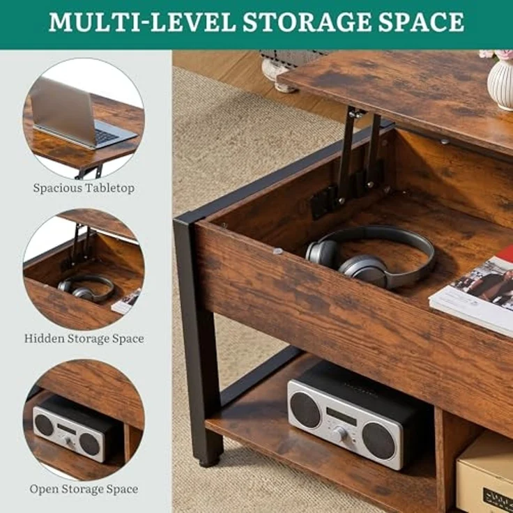 YITAHOME Höhenverstellbarer Couchtisch im Industrie-Design mit verstecktem Stauraum & Ablage, Multifunktionaler Wohnzimmertisch mit Gasdruckfeder, Ideal als Arbeits- oder Esstisch, Vintage-Braun – Bild 5