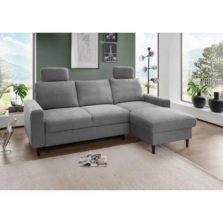 Ecksofa >Pris< Schlaffunktion, Stauraum, dunkelgrau - 234x88x147 (BxHxT)