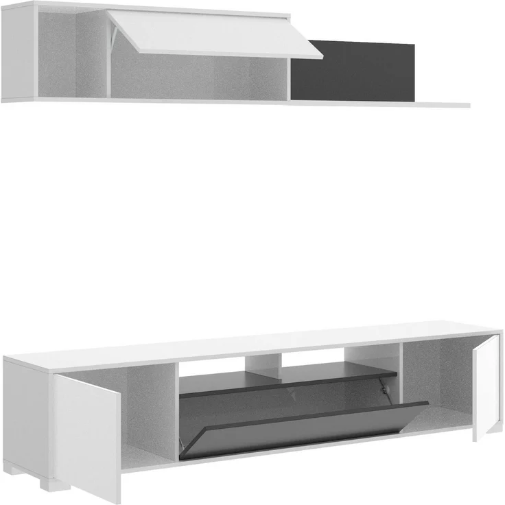 Dmora Abbete Wandsystem, TV-Ständer-Wohnzimmerset, Mehrzweck-Wohnzimmermöbel, 200x41h180 cm, Glänzendes Weiß und Anthrazit – Bild 5