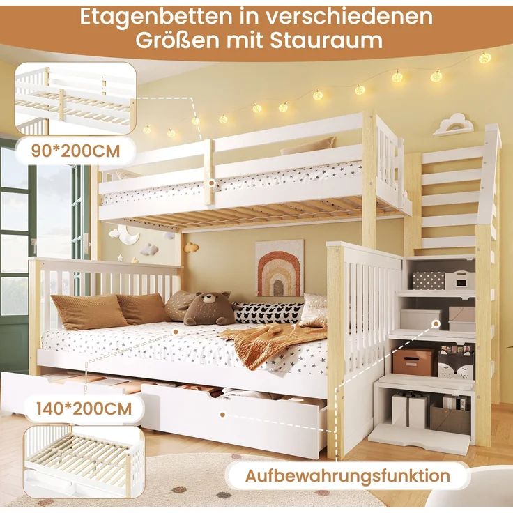 Merax Etagenbett, Hochbett, 90 x 200cm & 140 x 200cm mit Schubladen, Stauraum, ohne Matratze, multifunktional, Weiß+Natur – Bild 5