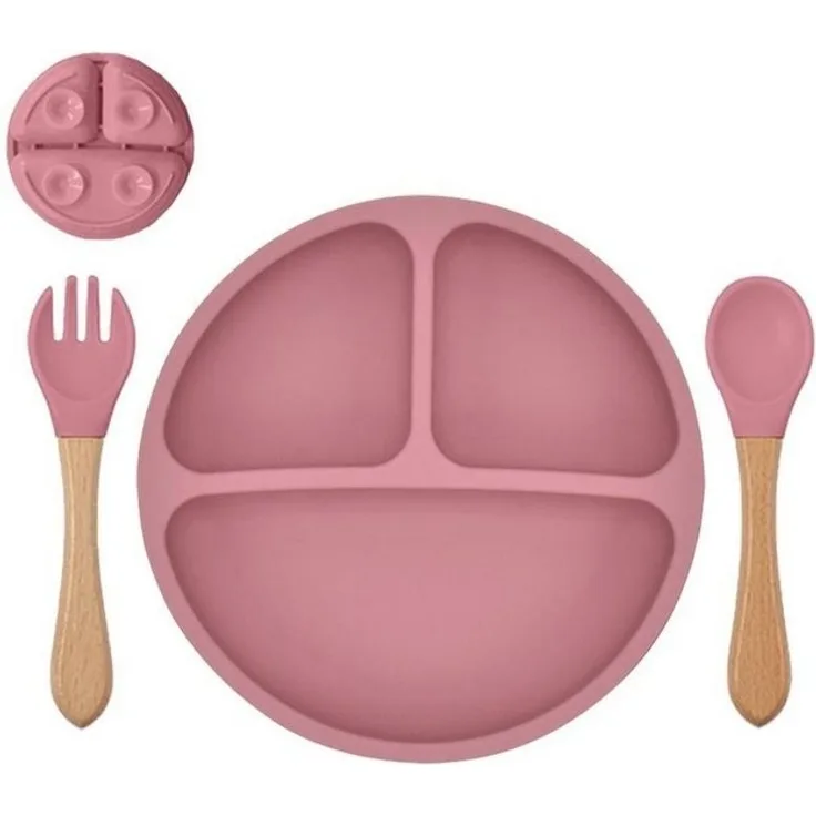 König Design Kindergeschirr-Set Babyteller Kinderteller mit Saugnapf Teller mit Löffel Gabel, 1 Personen, Silikon BPA Frei Baby Tischset für Baby und Kinder